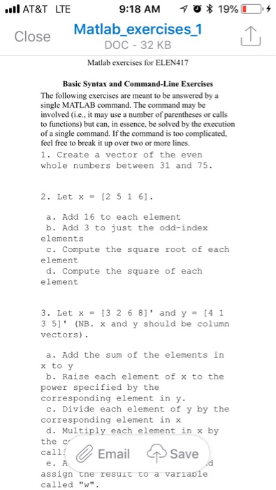 Solved At T Lte 9 18 Am 10 19 L 0 Matlab Exercises 1 Chegg Com