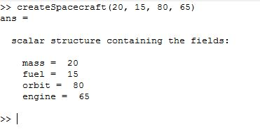 >>createSpacecraft (20, 15, 80, 65) ans = scalar structure containing the fields: mass20 fuel 15 orbit 80 engine65