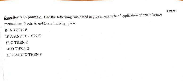 2 from 3 points. Use the following rule based to give an example of application of one inference mechanism. Facts A and B are initially given: 1F ATHEN E IF A AND B THEN C 1F C THEN D 1F D THEN G 1F E AND D THEN F