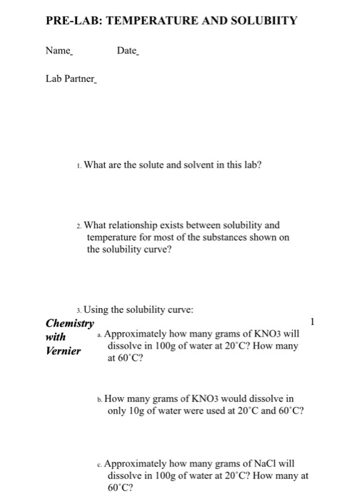 Pre Lab Temperature And Solubiity Name Lab Partner Chegg Com