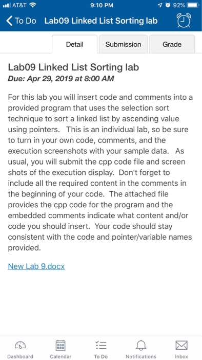 AT&T 9:10 PM nl KTo Do Labo9 Linked List Sorting lab Detail Submission Grade Lab09 Linked List Sorting lab Due: Apr 29, 2019