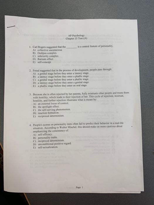 Solved Ap Psychology Chapter 15 Test A 1 Carl Rogers S Chegg Com