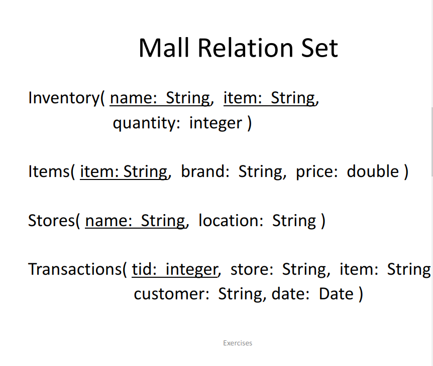 Mall Relation Set Inventory( name: String, item: String, quantity: integer ) ltems( item: String, brand: String, price: doubl