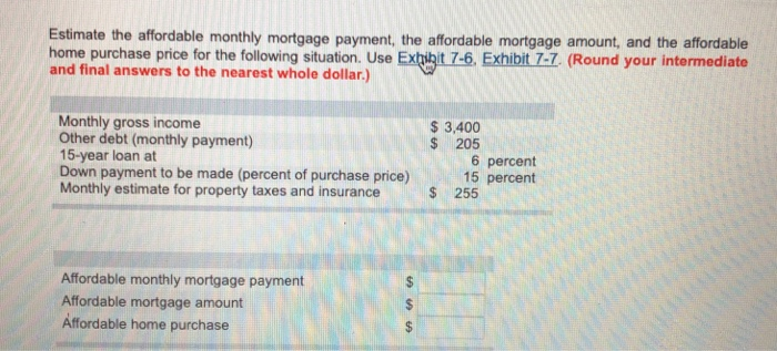 Estimate The Affordable Monthly Mortgage Payment The Chegg Com