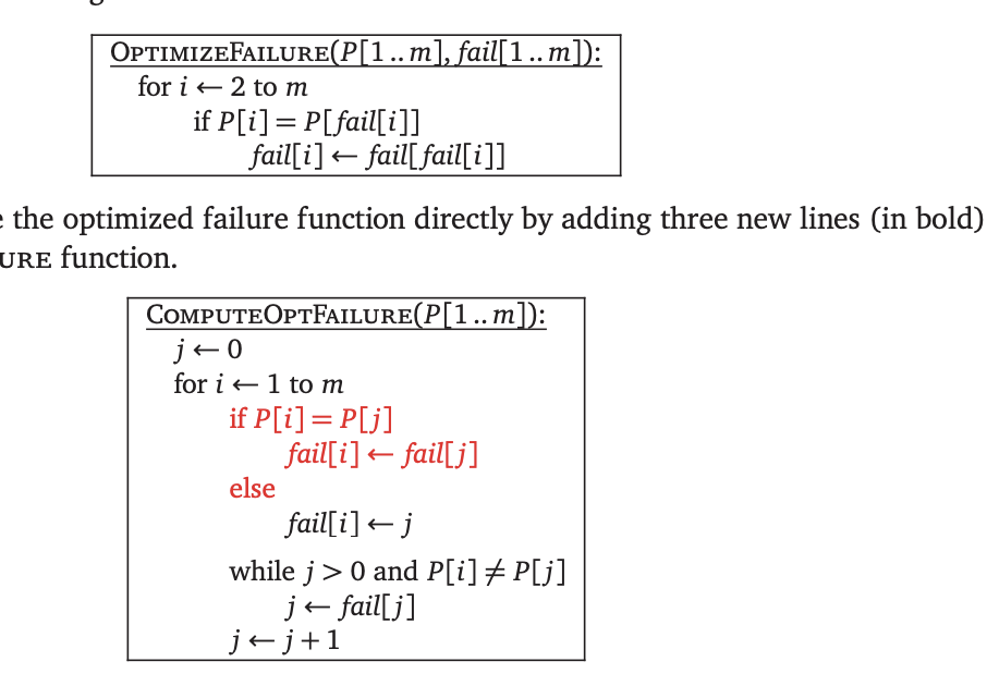 OPTIMIZEFAILURE(PI1.. ml, failí1 .. m): for l ← 2 to m if P[i-P[fail[i]] failli]faill fail[i]] the optimized failure function