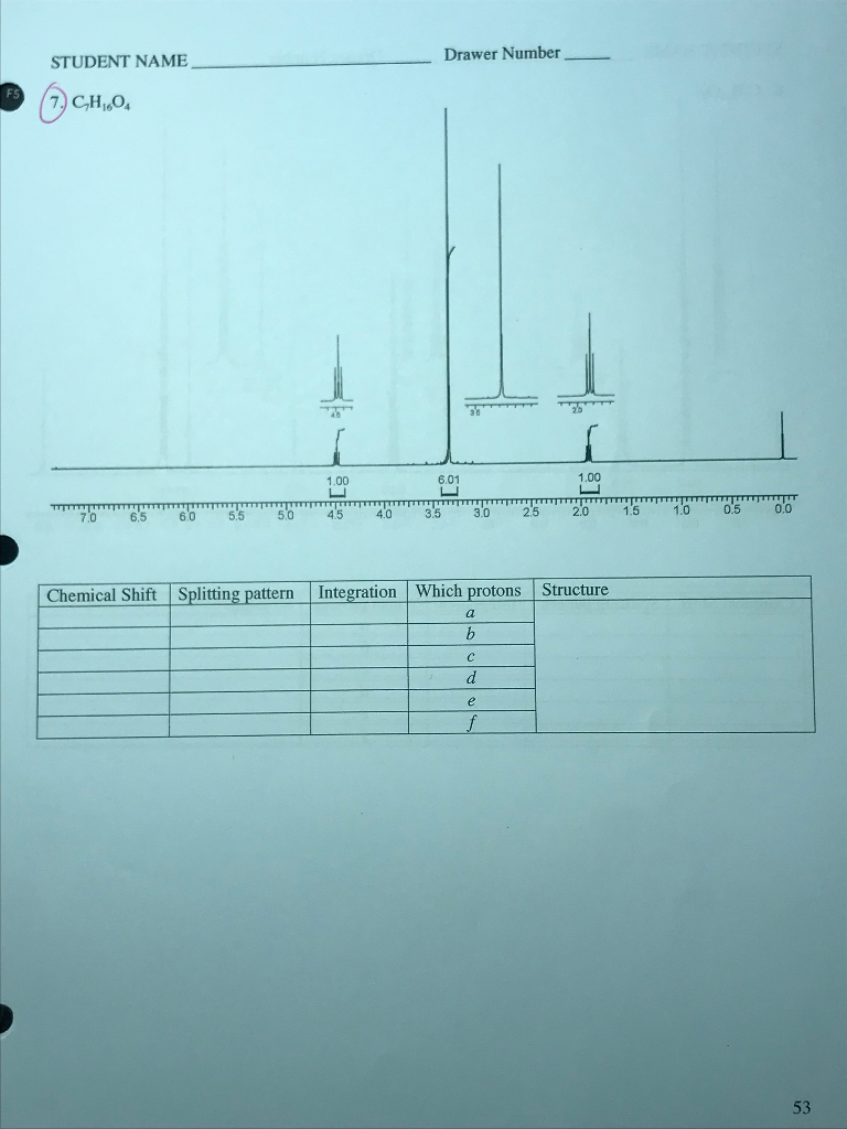 Solved Drawer Number Student Name 7 C H O 1 00 6 01 1 00