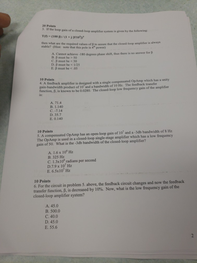 Solved Points 3 If The Loop Gain Of A Closed Loop Amp Chegg Com