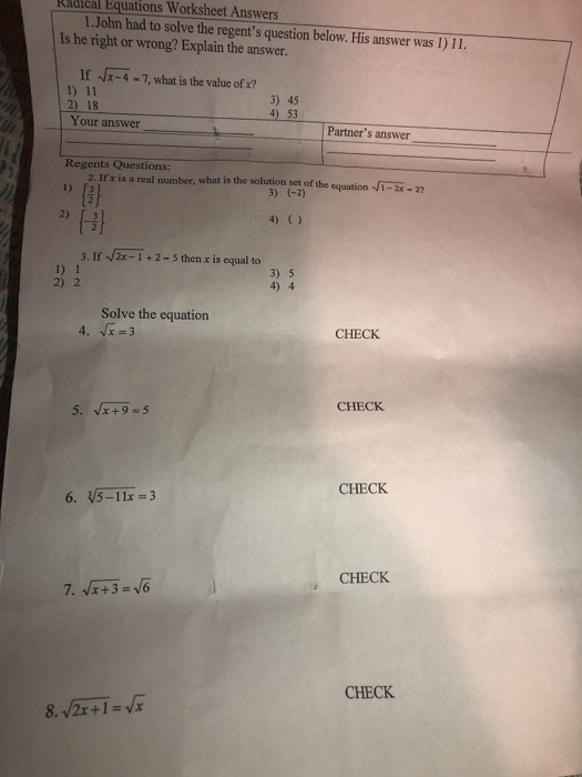 Solving Radical Equations Activity