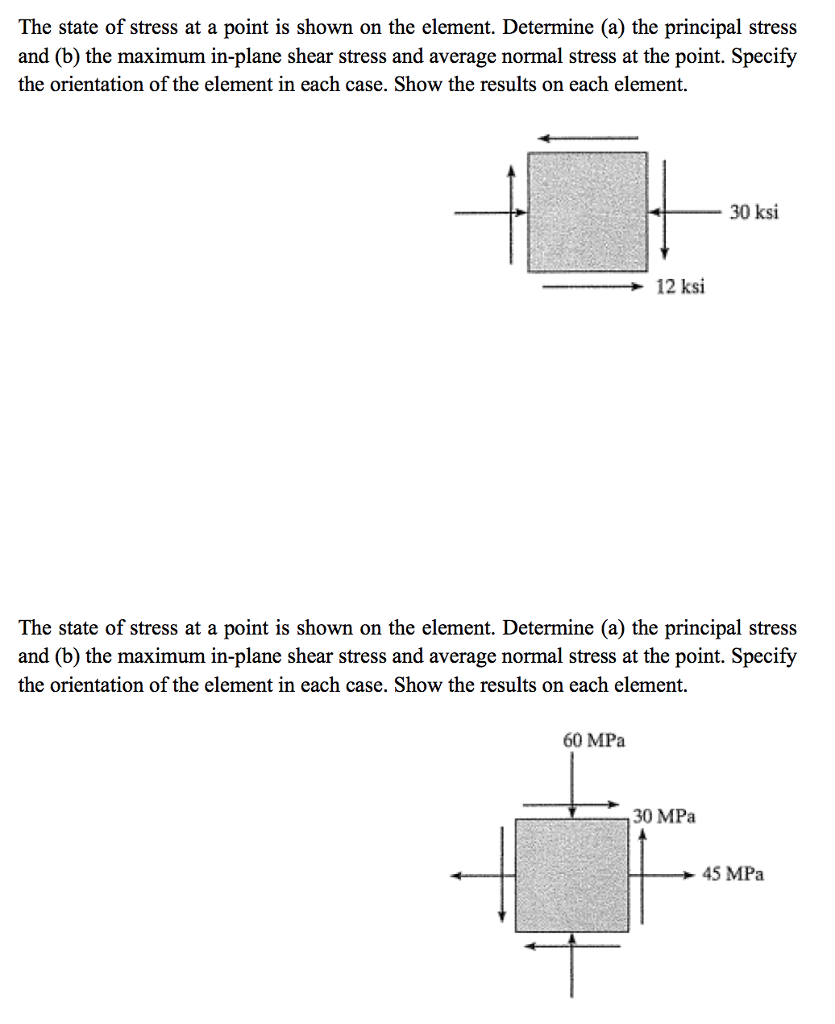 The state of stress at a point is shown on the element. Determine (a) the principal stress and (b) the maximum in-plane shear stress and average normal stress at the point. Specify the orientation of the element in each case. Show the results on each element. 30 ksi 12 ksi The state of stress at a point is shown on the element. Determine (a) the principal stress and (b) the maximum in-plane shear stress and average normal stress at the point. Specify the orientation of the element in each case. Show the results on each element. 60 MPa 30 MPa 45 MPa