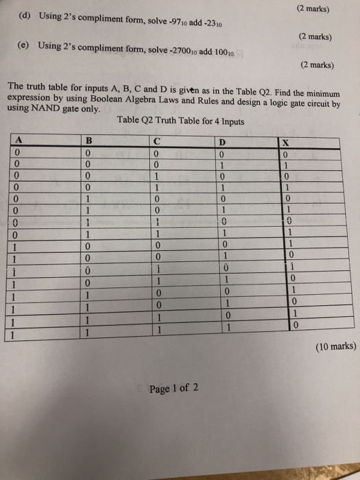 (2 marks) (d) Using 2s compliment form, solve-9710 add -2310 (2 marks) (e) Using 2s compliment form, solve -27001o add 1001