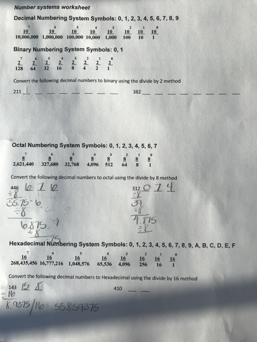 solved number systems worksheet decimal numbering system chegg com