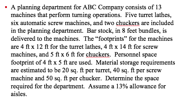 - A planning department for ABC Company consists of 13 machines that perform turning operations. Five turret lathes, six automatic screw machines, and two chuckers are included in the planning department. Bar stock, in 8 feet bundles, is delivered to the machines. The footprints for the machines are 4 ft x 12 ft for the turret lathes, 4 ft x 14 ft for screw machines, and 5 ft x 6 ft for chuckers. Personnel space footprint of 4 ft x 5 ft are used. Material storage requirements are estimated to be 20 sq. ft per turret, 40 sq. ft per screw machine and 50 sq. ft per chucker. Determine the space required for the department. Assume a 13% allowance for aisles