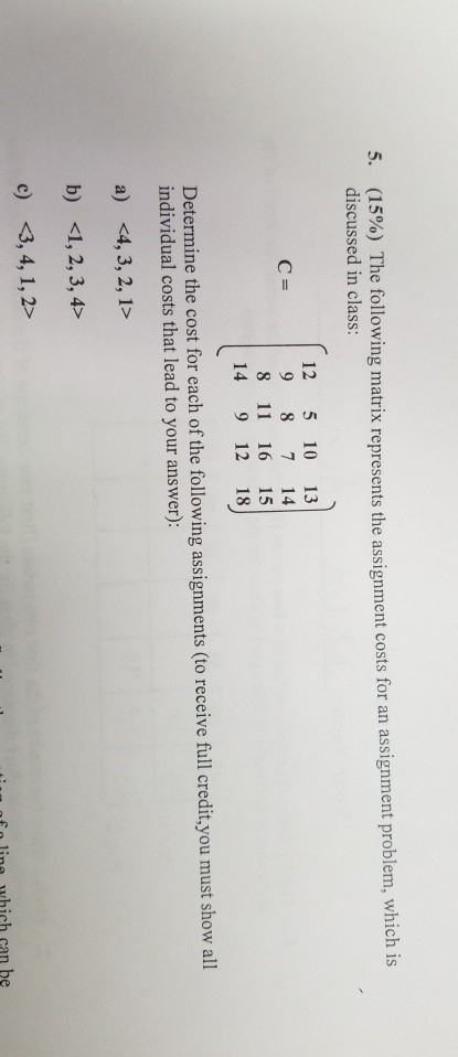 5. (15%) The following matrix represents the assign discussed in class: ment costs for an assignment problem, which is 12 5 1