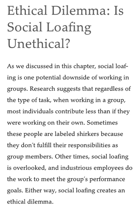 Ethical Dilemma: Is Social Loafing Unethical? As we discussed in this chapter, social loaf- ing is one potential downside of working in groups. Research suggests that regardless of the type of task, when working in a group, most individuals contribute less than if they were working on their own. Sometimes these people are labeled shirkers because they dont fulfill their responsibilities as group members. Other times, social loafing is overlooked, and industrious employees do the work to meet the groups performance goals. Either way, social loafing creates an ethical dilemma.