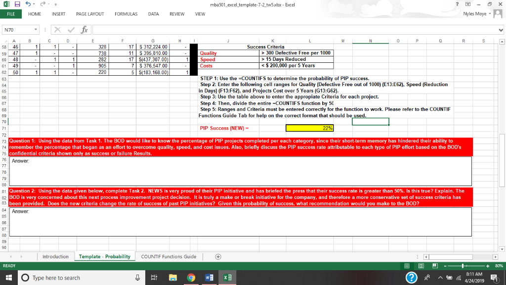 8 Mba501 Excel Template 7 2 Tw5xlsx Excel Nyles Moye Chegg 