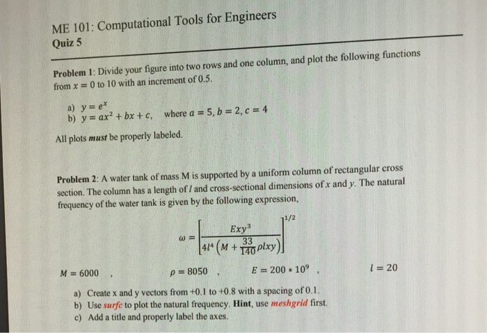 Solved Me 101 Computational Tools For Engineers Quiz 5 P Chegg Com