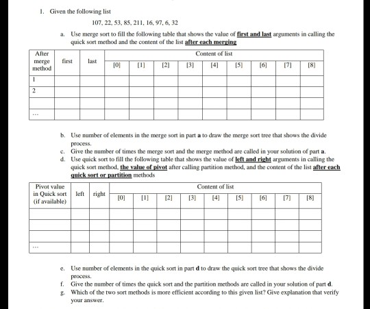 1. Given the following list 107, 22, 53, 85, 21, 6, 97, 6, 32 Use merge sort to fill the following table that shows the value