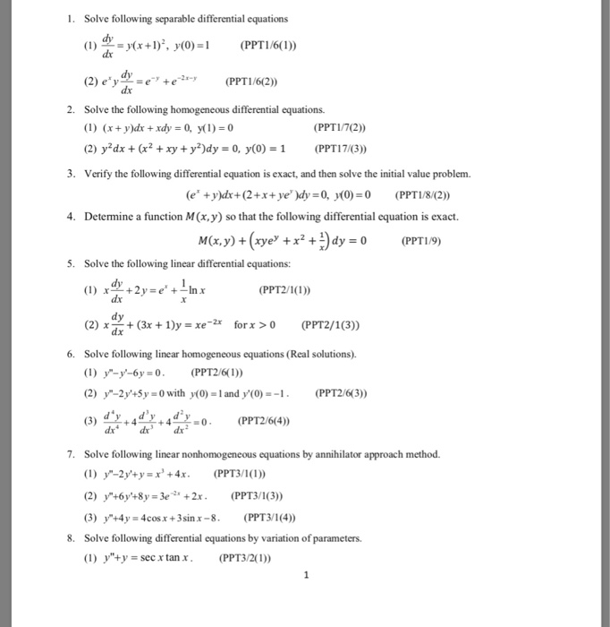 Solved 1 Solve Following Separable Differential Equations Chegg Com