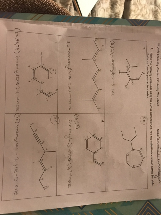 Solved Organic Chemistry Chapter 7 2 Naming Worksheet 1