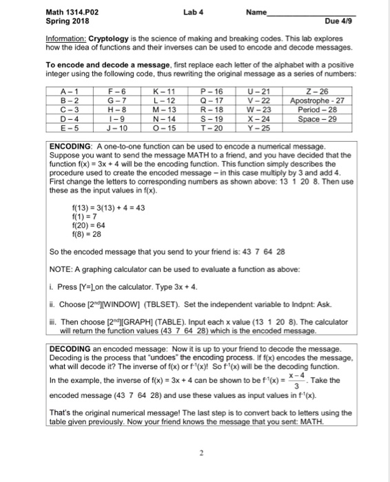 Solved Math 1314 P02 Spring 2018 Lab 4 Due 4 9 Informatio Chegg Com