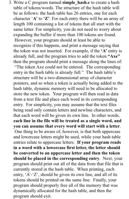 3. Write a C program named simple hash.c to create a hash table of tokens/words. The structure of the hash table will be as f