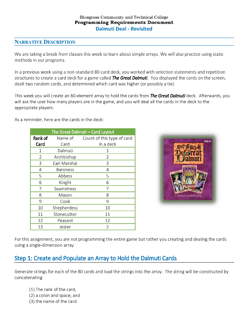 Bluegrass Community and Technical College Programming Requirements Document Dalmuti Deal - Revisited NARRATIVE DESCRIPTION We