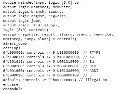 module maindec (input logic [5:0] op, output logic memtoreg, memwrite, output logic branch, alusrc, output logic regdst, regw