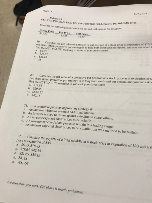 Solved 12 17 18 Finc 319 Exhibit 1a Use The Information Chegg Com