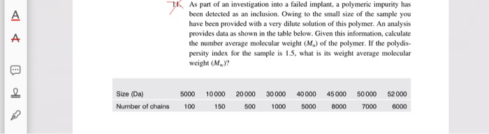 K As part of an investigation into a failed implant, a polymeric impurity has been detected as an inclusion. Owing to the small size of the sample you have been provided with a very dilute solution of this polymer. An analysis provides data as shown in the table below. Given this information, calculate the number average molecular weight (Mn) of the polymer. If the polydis- persity index for the sample is 1.5, what is its weight average molecular weight (Mw) Size (Da) Number of chains 5000 10000 20000 30000 40000 45000 50000 52000 100 150 500 1000 5000 8000 7000 6000