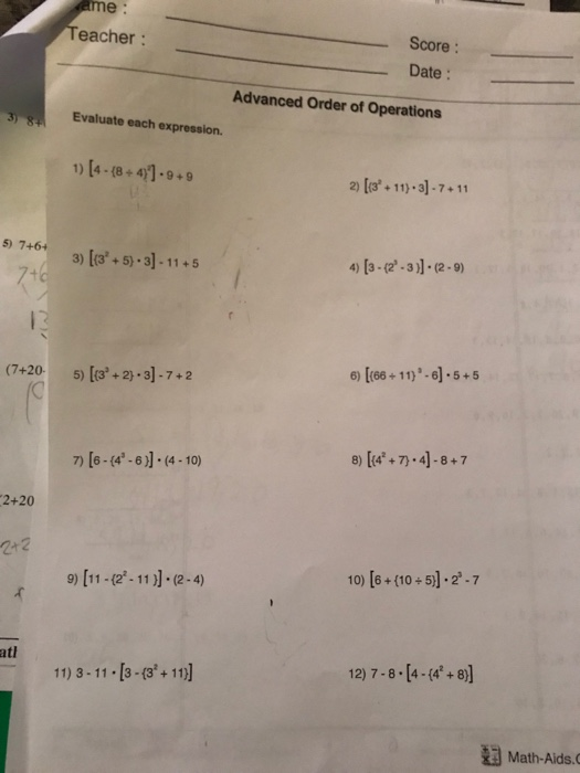 Solved Me Score Eacher Date Advanced Order Of Operati