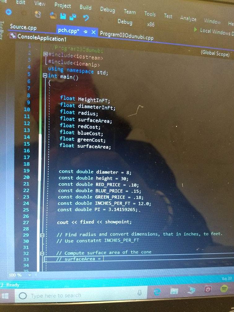 Edit View Project Build Debug Team Tools Test Analyze Window He Debu Local Windows D Source.cpp pch.cpp* × ProgramO3Odunubi.c
