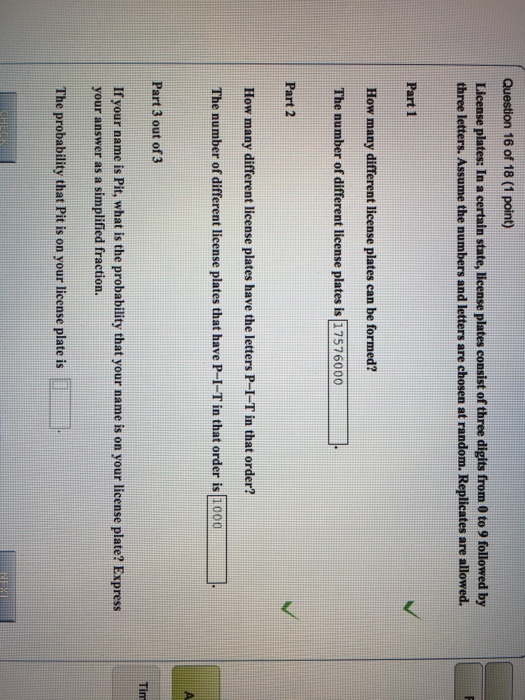 Solved Question 16 of 18 (1 point) License plates: In a | Chegg.com