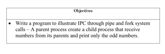 Objectives Write a program to illustrate IPC through pipe and fork system calls - A parent process create a child process that receive numbers from its parents and print only the odd numbers.