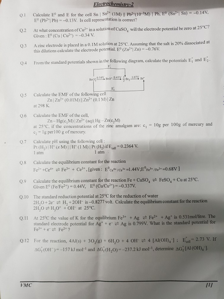 Solved Electrochemistry 2 Q 1 Calculate Eo And E For The Chegg Com