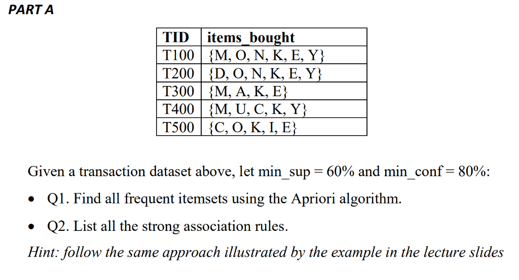 Solved Part A Tid I Items Bought T100 M O N K E Y T Chegg Com