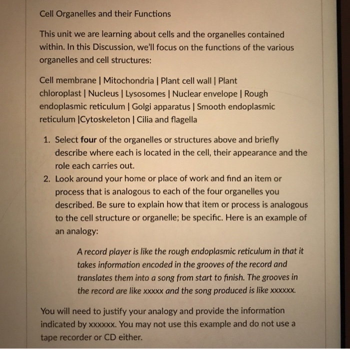 Cell Organelles And Their Functions This Unit We Are Chegg Com