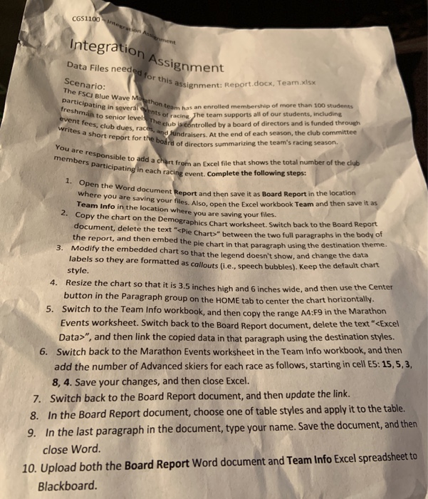 CGS1100 I ration Assignmen Data Files Scenario: The FSCI Blue Wave Methon needed for this signment: Report.docx, Team.xlsx te