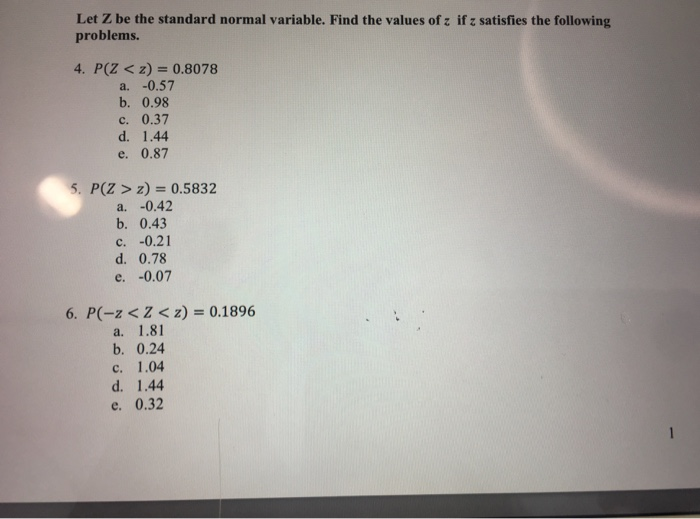 Solved Let Z Be The Standard Normal Variable Find The Va Chegg Com