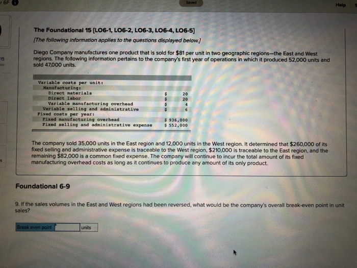 Saved Help S The Foundational 15 (L06-1, LO6-2, LO6-3, LO6-4, LO6-5] The following information applies to the questions displayed below.) Diego Company manufactures one product that is sold for $81 per unit in two geographic regions-the East and West regions. The following information pertains to the companys first year of operations in which it produced 52,000 units and sold 47,000 units. 15 Variable costs per uniti Manufacturingi Direat materials 20 20 Direct labor Variable manufacturing overhead Variable selling and adninistrative Fixed costs per year: Fixed manufacturing overhead Pixed selling and administrative expense $936,000 The 

<div class=