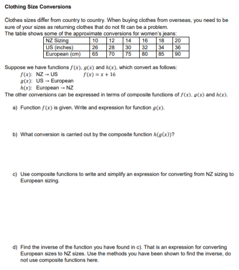 Solved Clothing Size Conversions Clothes Sizes Differ Fro Chegg Com