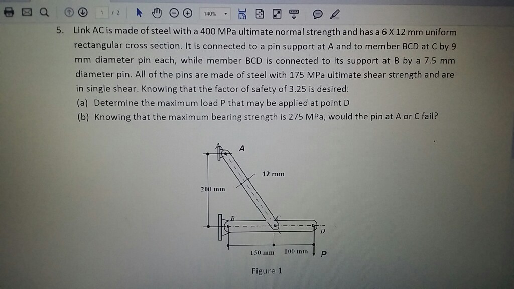 Solved 1 12 Link Ac Is Made Of Steel With A 400 Mpa Ultimate Chegg Com