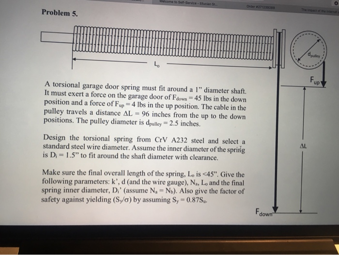 Solved Problem 5 Pulley Lo Up A Torsional Garage Door Spr