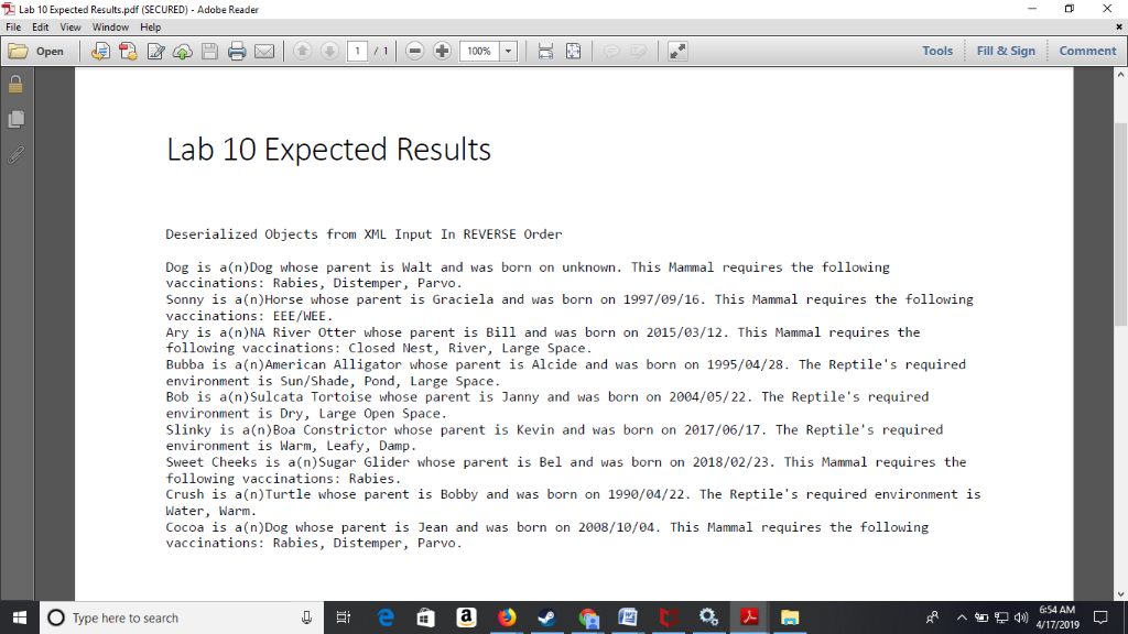 Lab 10 Expected Results.pdf (SECURED)-Adobe Reader File Edit View Window Help - + | 100% | Tools Fill 8 Sign Comment Lab 10 E