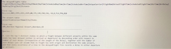 The delayedFlights table light ID n th Dayof eth Day Fleek DepTine Schedule DepTise ArrTine Scheduledir TiselUniqueCarrier Flight um]ActualFlightri DepOelay|OriglDest |Distance schedul edFlightris,Airlin, Arr elay irst roM , 1,1,4,200, 1955,2211,2225 ,335, 128,150,116,-14,s,TLH,TPA,810 The airport table irportCode lairportName City State. rst row ABR,Aberdeen Regional Airport,Aberdeen, 5D Querles: | List the top 5 distinct states in which a flight between different airports within the same state has been delayed (elther in arrival or departure) by descending order with respect to number of such delays (irrespective of the length of the delay), together with the number of h delays (you can assume that no flight has both origin and destination the same airport, or arrival) that every occurrence of a line in the delayedFight file records a delay in either departure