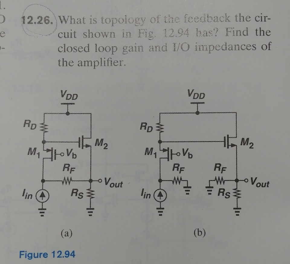 12.26. What is topology of the feedback the cir- ./cuit shown in Fig. 12.94 has? Find the closed loop gain and /O impedances of the amplifier. VDD VDD RD RD にM2 RF RF RF VoutWVout in R Figure 12.94