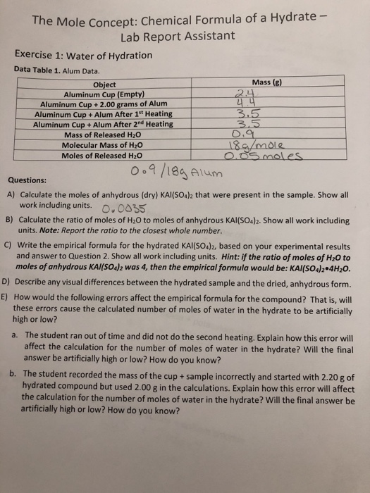 The Mole Concept Chemical Formula Of A Hydrate Lab Chegg 