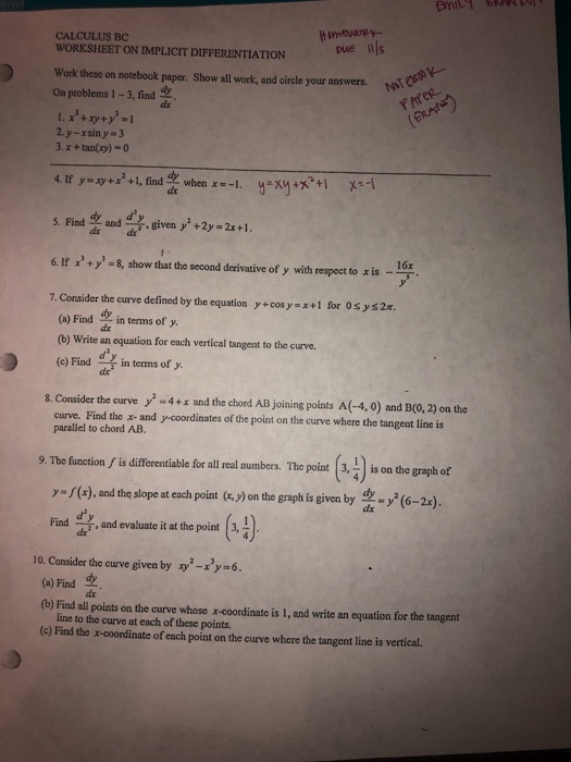 Calculus Bc Worksheet On Implicit Differentiation Pue Chegg Com