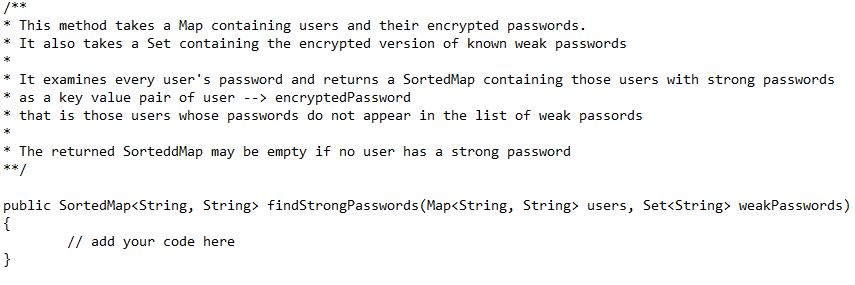 * This method takes a Map containing users and their encrypted passwords. It also takes a Set containing the encrypted versio