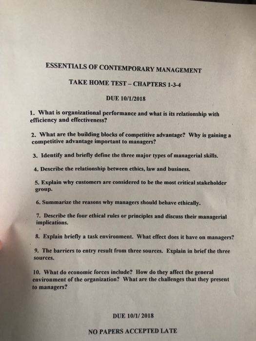 Solved Essentials Of Contemporary Management Take Home Te - 