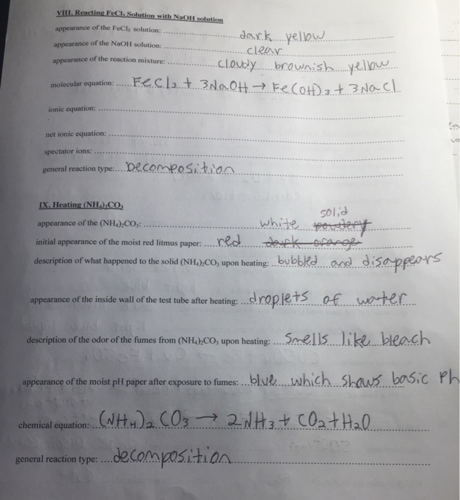 Chemical Reactions Sheet